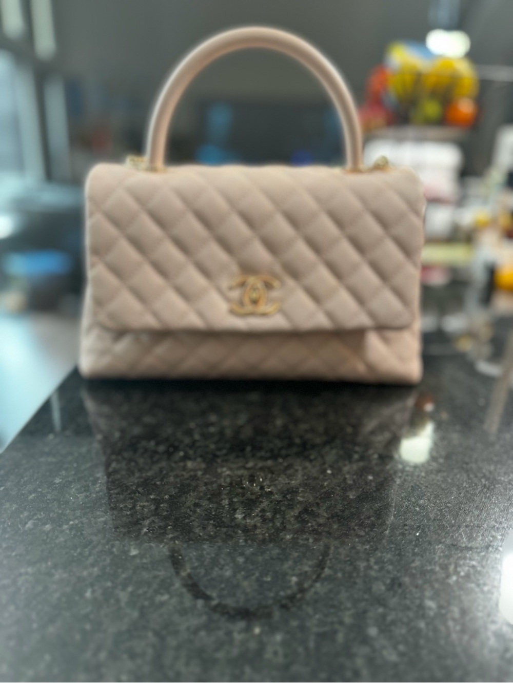 CHANEL Quilted Top-Handle Satchel in Pale Beige with Gold Hardware